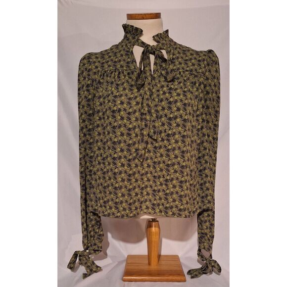Love Whit by Whitney Port Green Floral V-Neck Long Sleeve Tie Blouse Size 2 - Picture 1 of 6